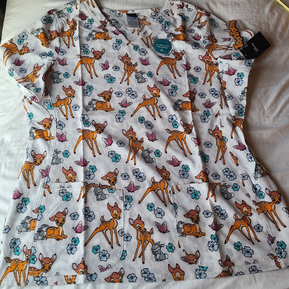 Disney 'Tooniforms' Bambi Print Scrub Top, Womens Size XL, Two Frokt Pockets NWT